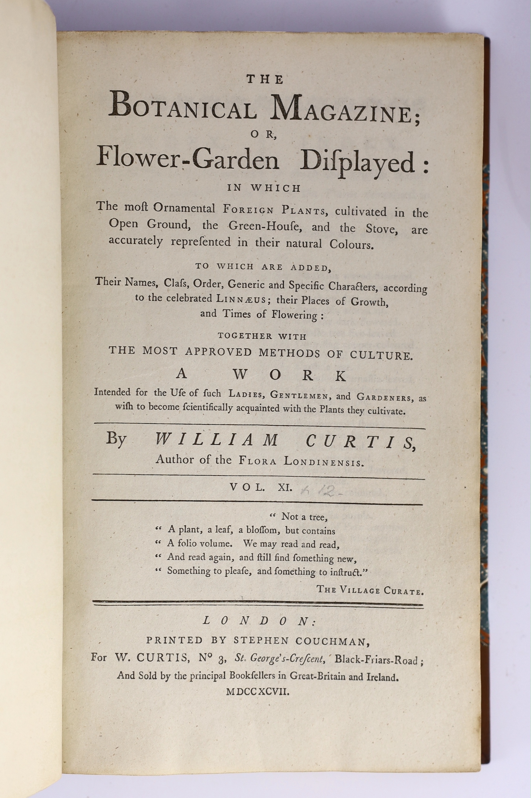 Curtis, William - A Botanical Magazine; or, Flower-Garden Displayed ... vols. IV, XI and XII (bound together), XIII and XV; New Series vol. VIII; Third Series vols. XII, XIV, XVI and XXIII. (10 vols).